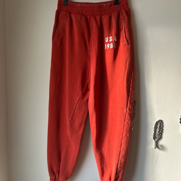 LAZY SUNDAY USA 1984 Women's Red Jogger Pants | Faded Wash Orange Red Size Small - Picture 5 of 12